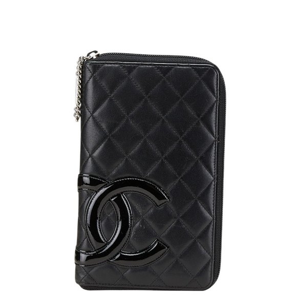 CHANEL Cambon Line Coco Mark Long Wallet Round Zipper Black Lambskin Ename...